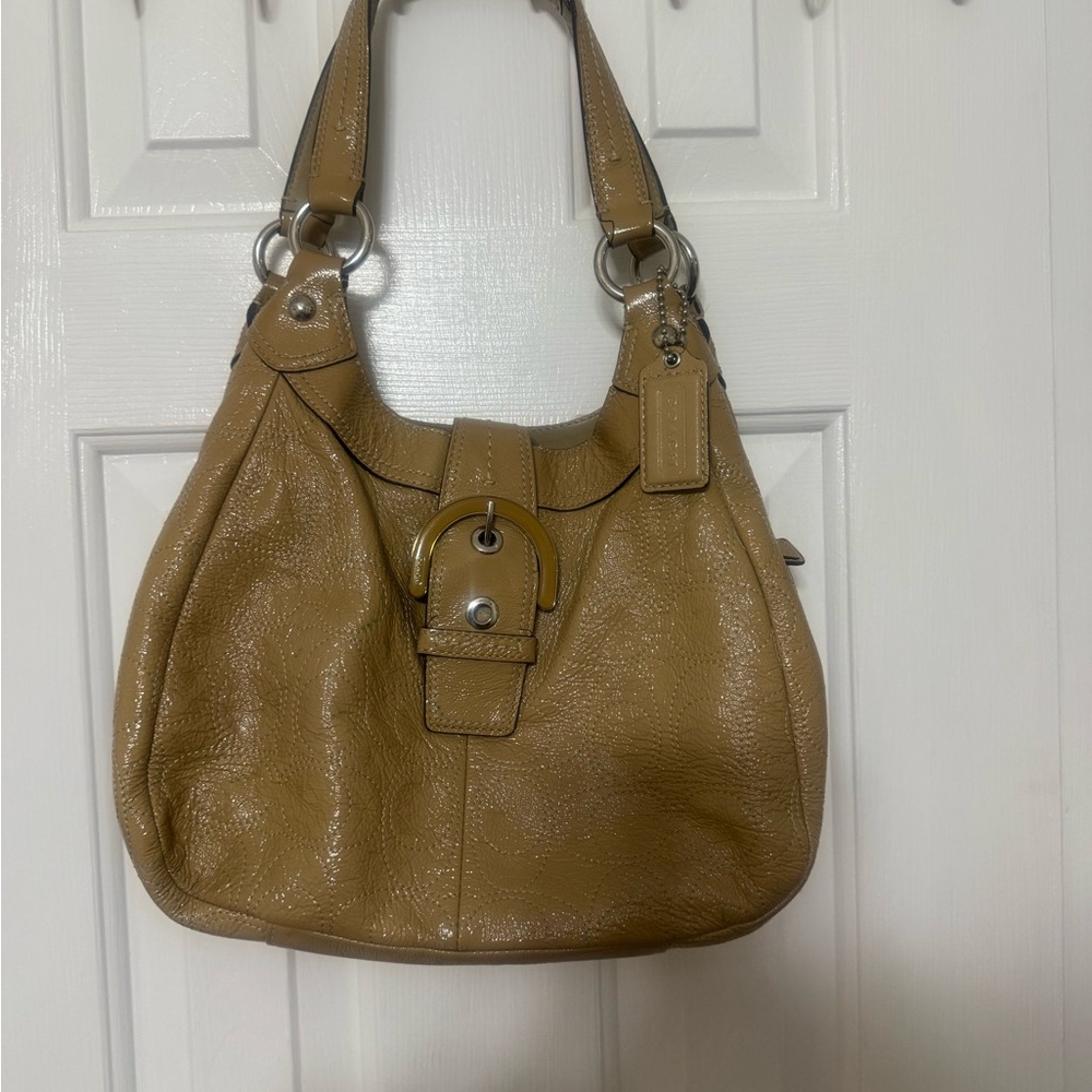 Coach Mustard-Tan Pebbled Leather Shoulder Bag with Buckle Detail